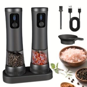 1pcu002F2pcs Automatic Electric Pepper & Salt Grinder - LED Display Stainless Steel Mill, External Coarseness Adjustment