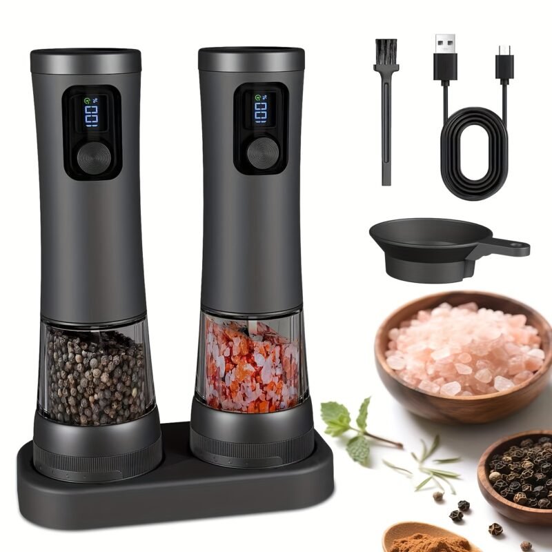 1pcu002F2pcs Automatic Electric Pepper & Salt Grinder - LED Display Stainless Steel Mill, External Coarseness Adjustment
