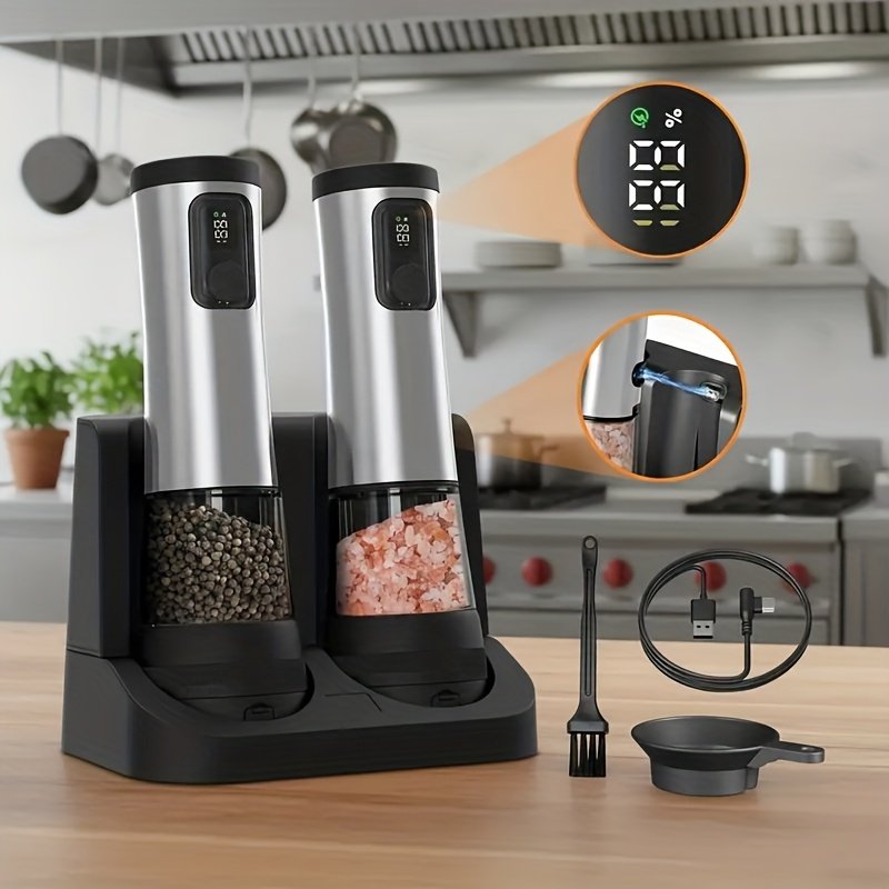 1pcu002F2pcs Automatic Electric Pepper & Salt Grinder - LED Display Stainless Steel Mill, External Coarseness Adjustment