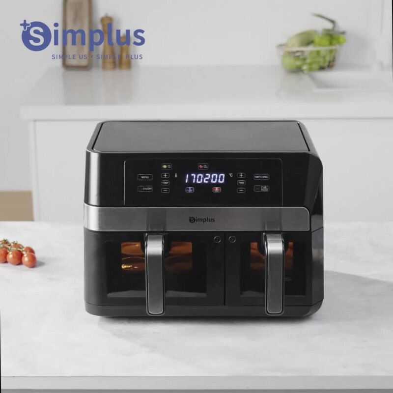 Simplus 10L Dual-Basket Air Fryer: Transparent Window + Clear LCD Display, 11 Predefined Settings, Perfect for Family Events