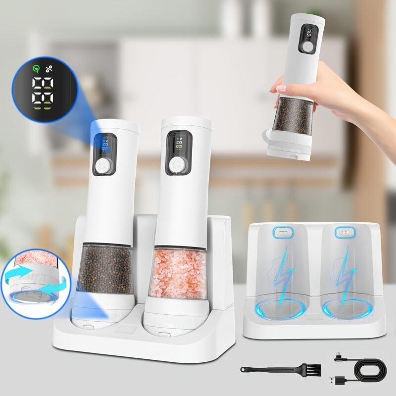 1pcu002F2pcs Automatic Electric Pepper & Salt Grinder - LED Display Stainless Steel Mill, External Coarseness Adjustment