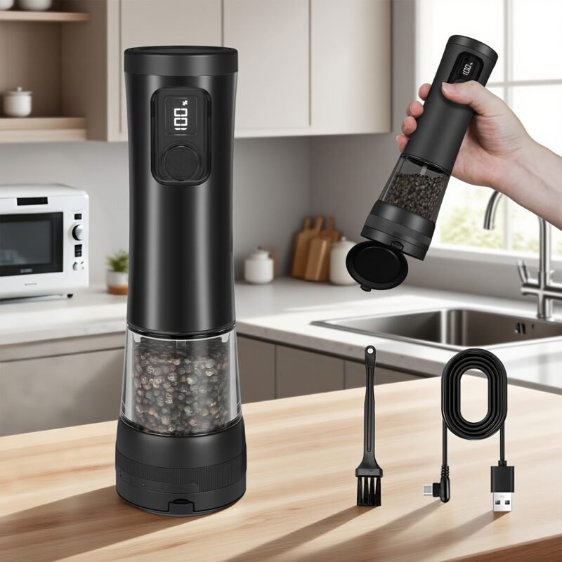 1pcu002F2pcs Automatic Electric Pepper & Salt Grinder - LED Display Stainless Steel Mill, External Coarseness Adjustment