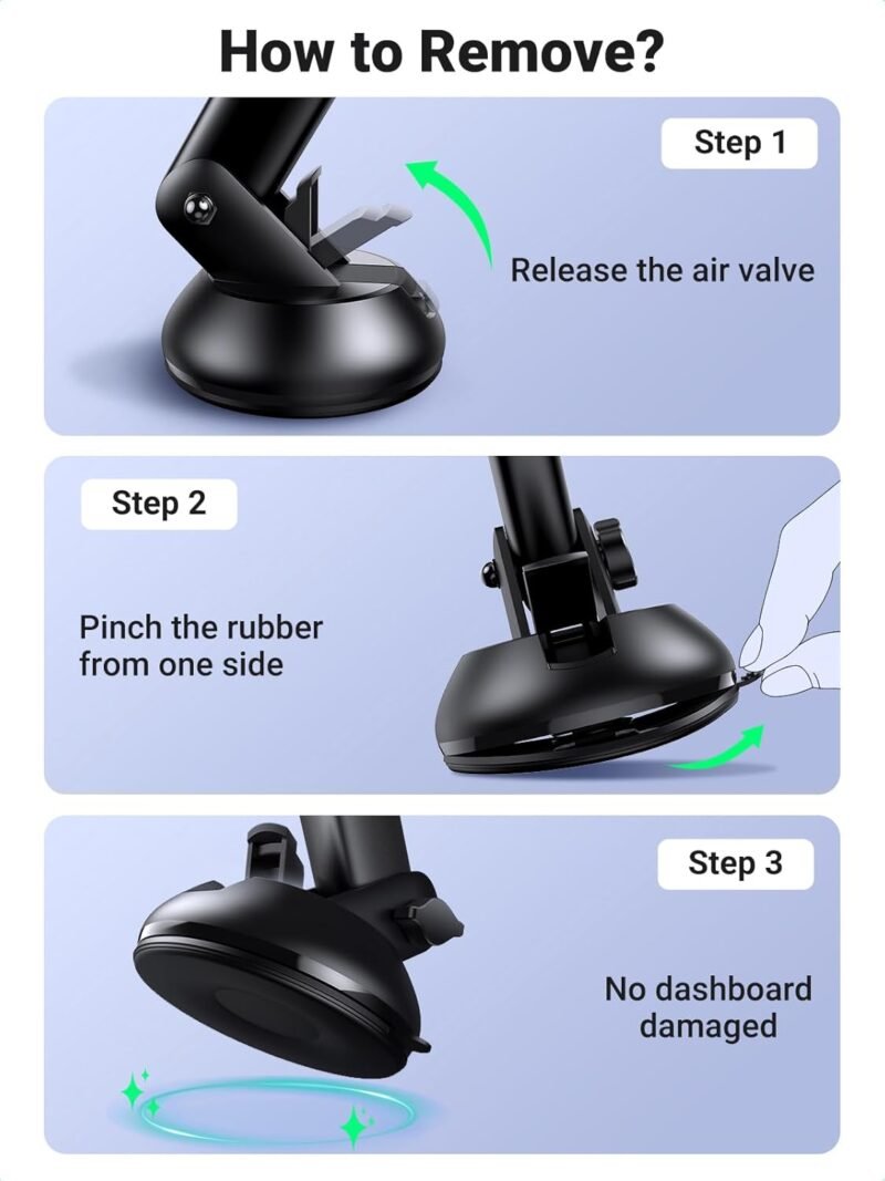 61TUydX1wgL._AC_SL1500_.jpg UGREEN Car Phone Holder Mount. Dashboard Windshield Smartphone Cradle. Strong Suction. Compatible with iPhone 16 Pro Max. Galaxy S24 Ultra