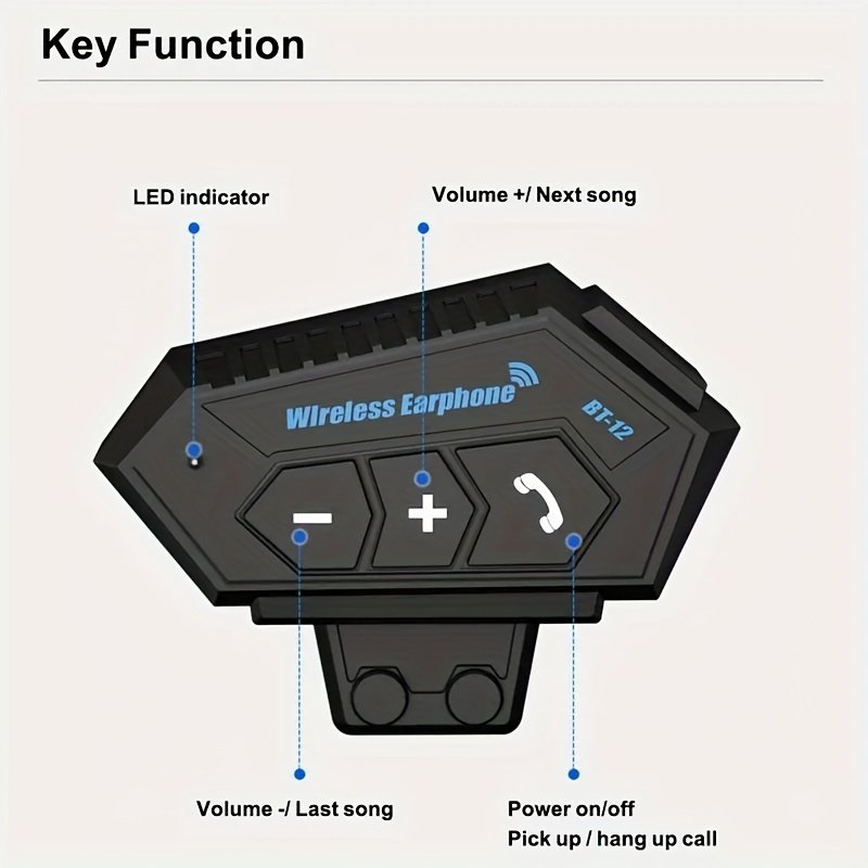 Wireless 12 Motorcycle Helmet Headset: Bluetooth Hands-Free Calls & HD Stereo Music