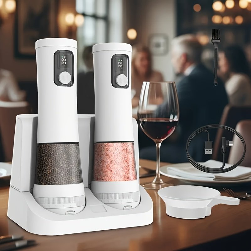 1pcu002F2pcs Automatic Electric Pepper & Salt Grinder - LED Display Stainless Steel Mill, External Coarseness Adjustment
