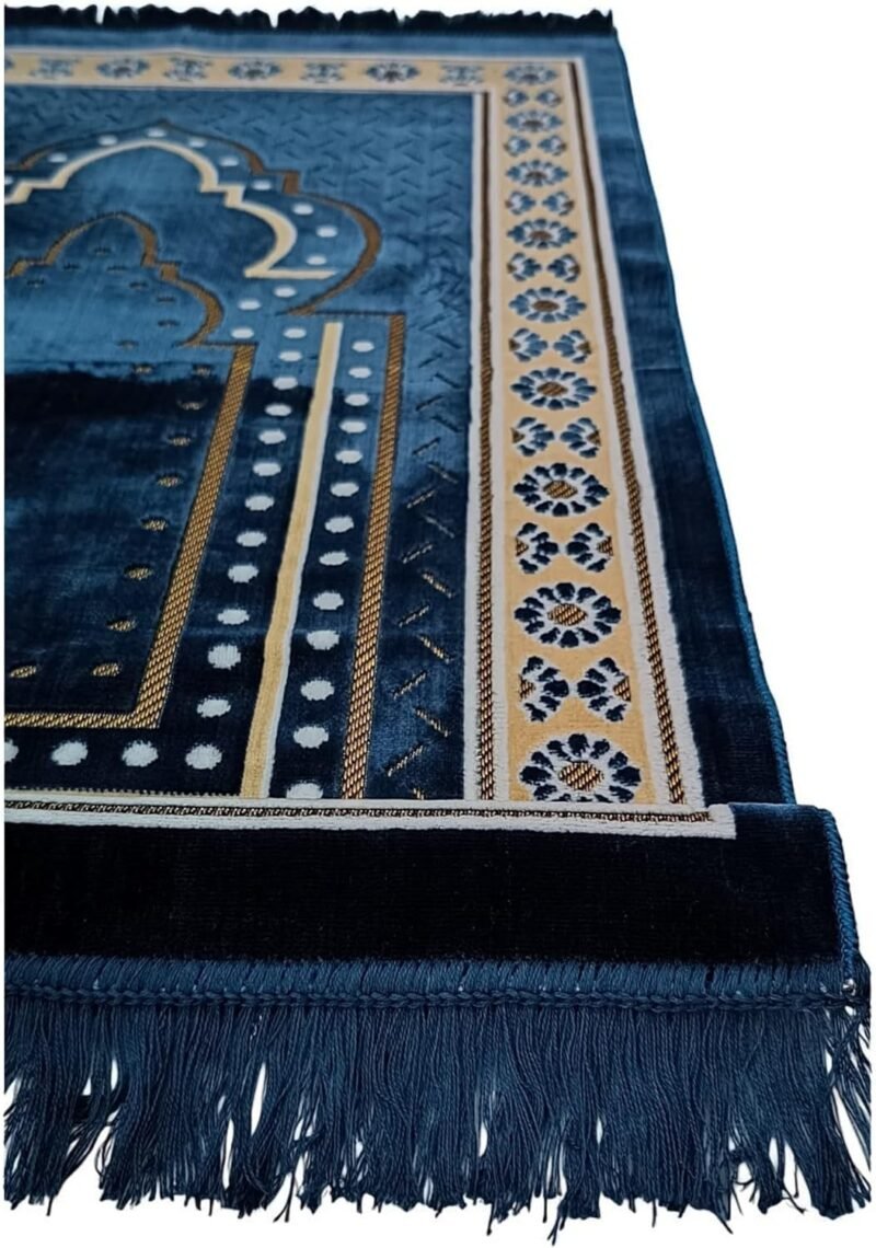 Prayer Mat Rug for Muslim Men. Women or Kids. Portable Praying Mat and Prayer Beads Sets for Islamic Gifts – Muslim Prayer Rug For Ramadan. Umrah. Hajj - Turkish Rug for Meditation and Worship (BLUE)