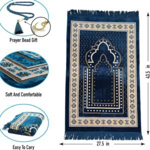 Prayer Mat Rug for Muslim Men. Women or Kids. Portable Praying Mat and Prayer Beads Sets for Islamic Gifts – Muslim Prayer Rug For Ramadan. Umrah. Hajj - Turkish Rug for Meditation and Worship (BLUE)
