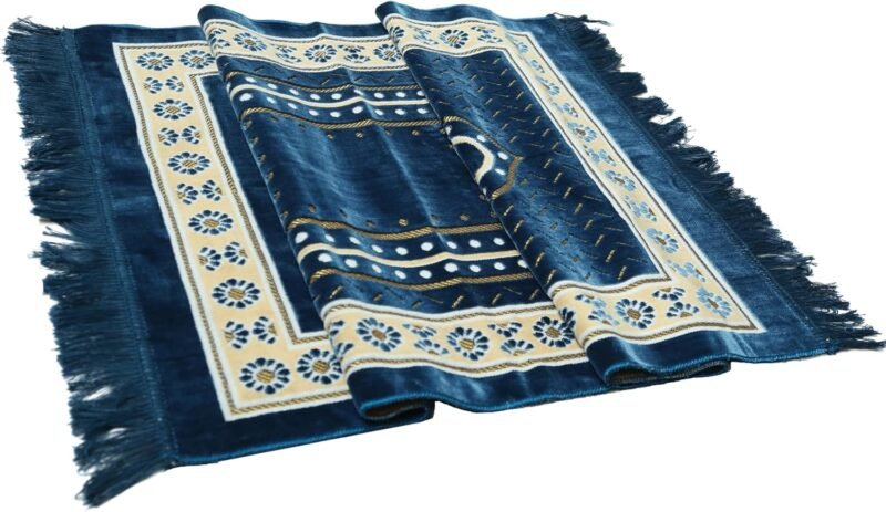 Prayer Mat Rug for Muslim Men. Women or Kids. Portable Praying Mat and Prayer Beads Sets for Islamic Gifts – Muslim Prayer Rug For Ramadan. Umrah. Hajj - Turkish Rug for Meditation and Worship (BLUE)