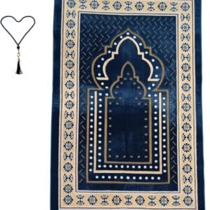 Prayer Mat Rug for Muslim Men. Women or Kids. Portable Praying Mat and Prayer Beads Sets for Islamic Gifts – Muslim Prayer Rug For Ramadan. Umrah. Hajj - Turkish Rug for Meditation and Worship (BLUE)