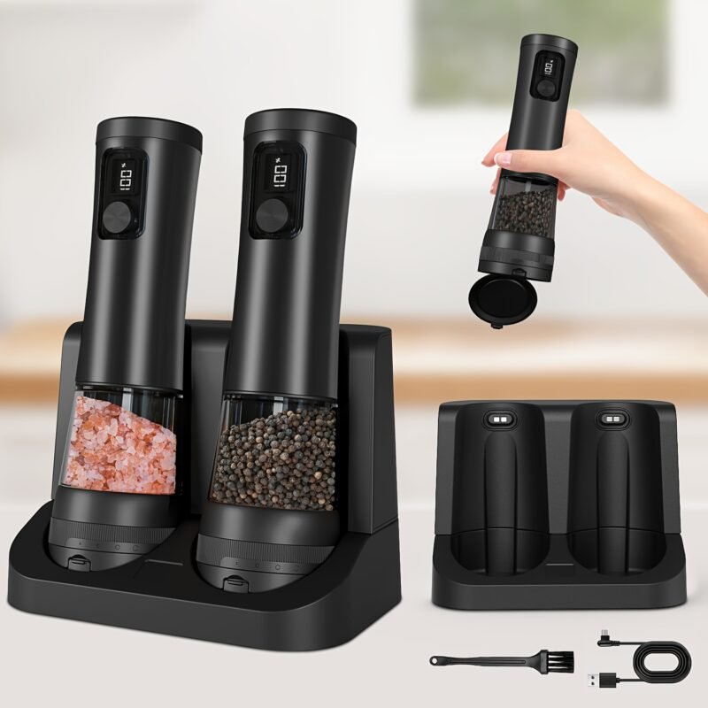 1pcu002F2pcs Automatic Electric Pepper & Salt Grinder - LED Display Stainless Steel Mill, External Coarseness Adjustment