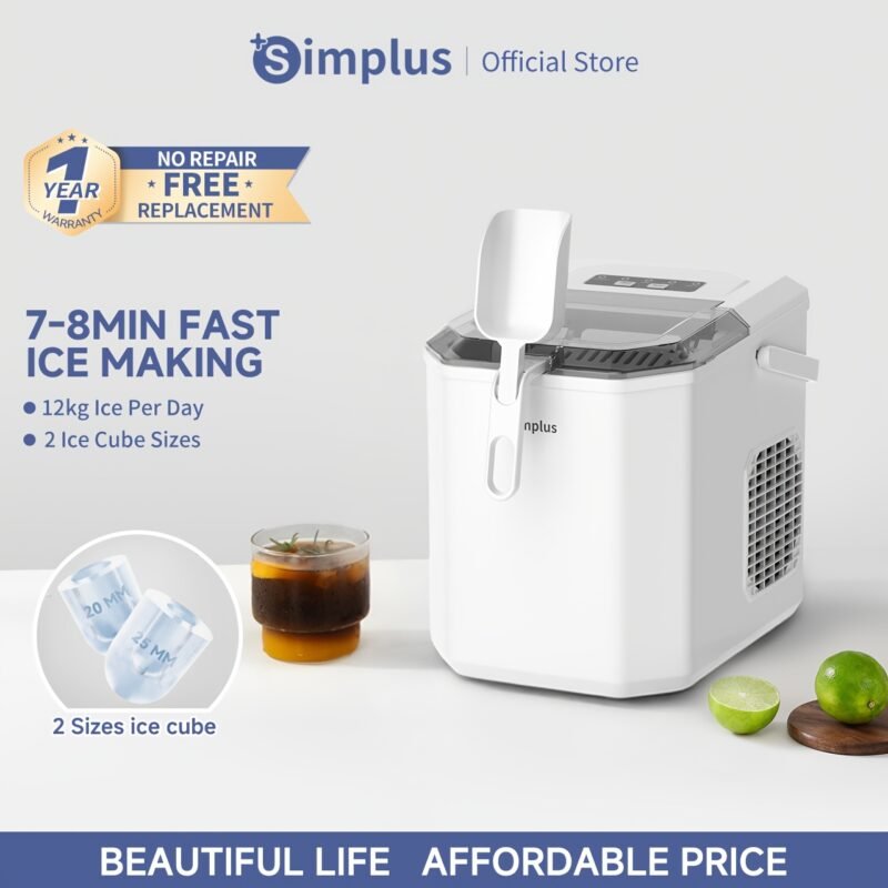 Simplus Ice Maker Household 1.3L Water Tank Compact Design Low Power Automatic Ice Production Self-cleaning Function for Convenience Rapid Ice Production In 7-8 Minutes Compact Size, Multiple Usage Scenarios, Kitchen, Dormitory, Office