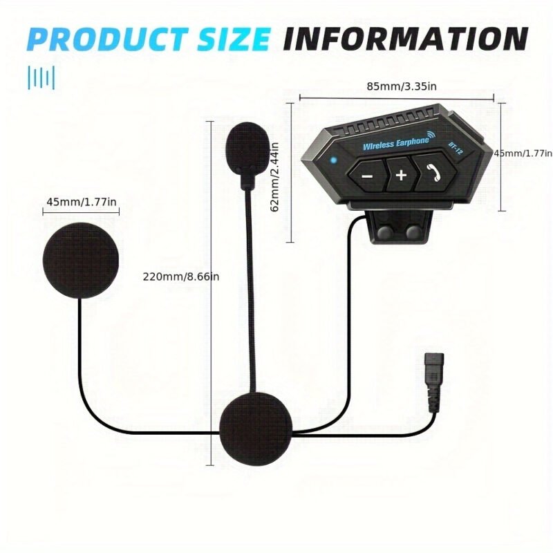 Wireless 12 Motorcycle Helmet Headset: Bluetooth Hands-Free Calls & HD Stereo Music