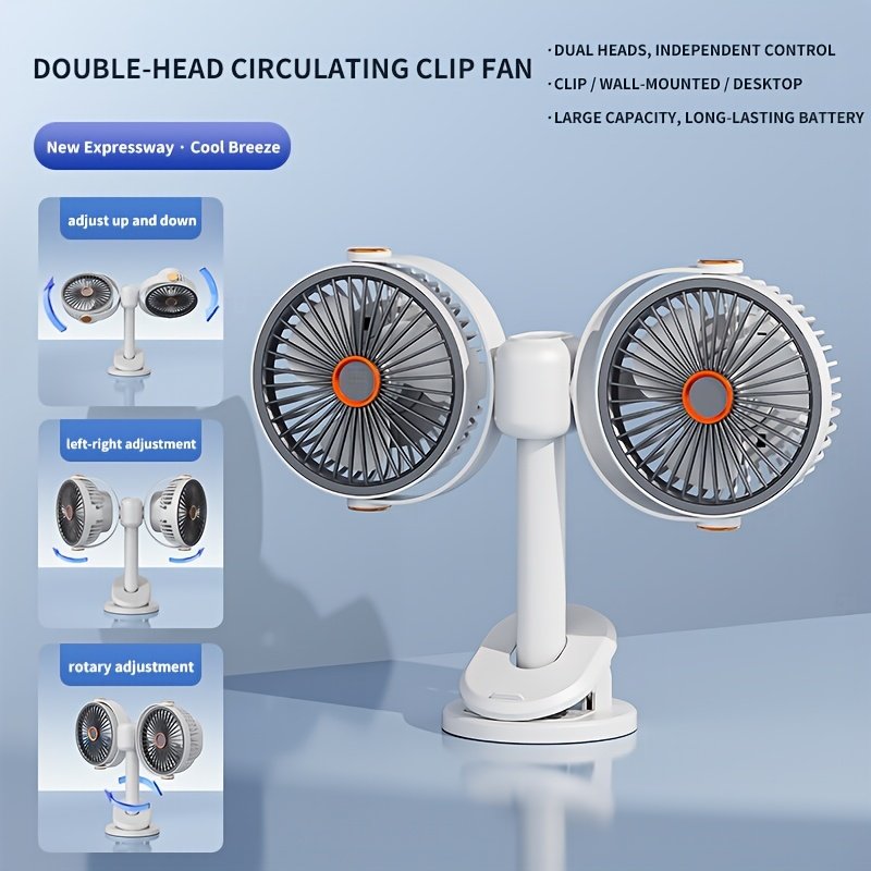 2026 Dual-Head 3-in-1 Circulating Fan: 5-Speed USB Rechargeable Clip & Wall-Mount Fan