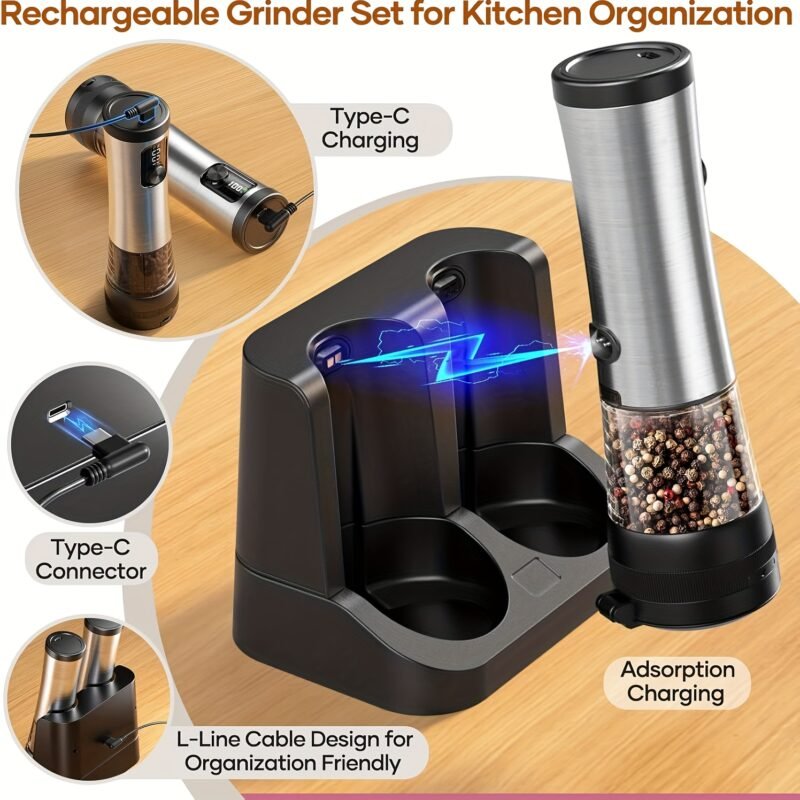 1pcu002F2pcs Automatic Electric Pepper & Salt Grinder - LED Display Stainless Steel Mill, External Coarseness Adjustment