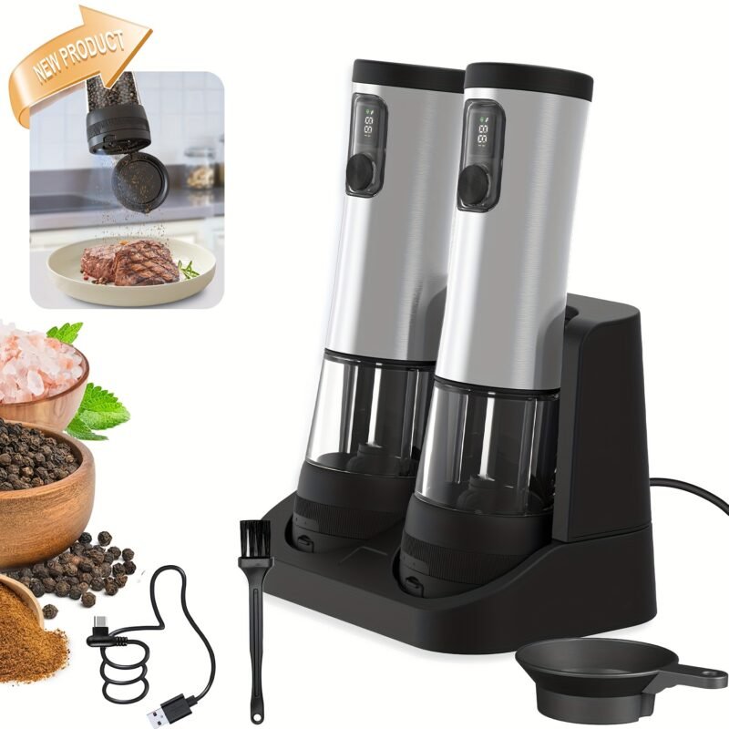 1pcu002F2pcs Automatic Electric Pepper & Salt Grinder - LED Display Stainless Steel Mill, External Coarseness Adjustment