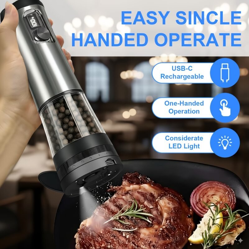 1pcu002F2pcs Automatic Electric Pepper & Salt Grinder - LED Display Stainless Steel Mill, External Coarseness Adjustment