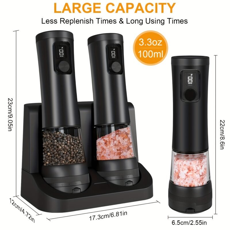 1pcu002F2pcs Automatic Electric Pepper & Salt Grinder - LED Display Stainless Steel Mill, External Coarseness Adjustment